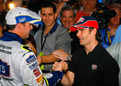 Jeff Gordon, driver of the #24 DuPont Chevrolet, congratulates Jimmie Johnson, driver of the #48 Lowe