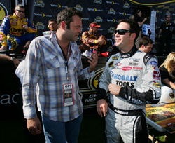 Actor Vince Vaughn talks with Jimmie Johnson prior to the Dickies 500 at Texas Motor Speedway. (Photo Credit: Robert Laberge/Getty Images for NASCAR)