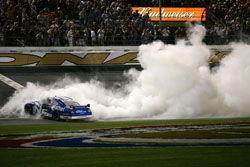 Ryan Newman does a burnout to celebrate his Daytona 500 victory (Photo Credit: Marc Serota/Getty Images for NASCAR)
