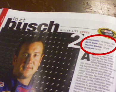 Kurt Busch's profile page in The Official NASCAR 2008 Preview and Press Guide