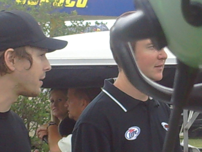 Singer Gavin DeGraw (left) walks to the drivers meeting with Kurt Busch at Chicagoland Speedway on Saturday July 12, 2008. (photo credit: The Fast and the Fabulous)