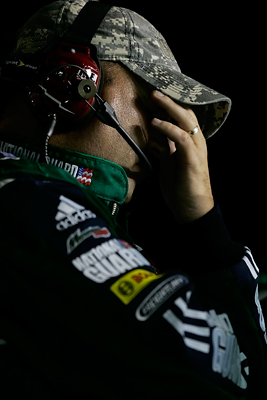 Tony Eury Jr., crew chief for Dale Earnhardt Jr., #88 National Guard/AMP Energy Chevrolet reacts to race action during the NASCAR Sprint Cup Series Coke Zero 400 at Daytona International Speedway on July 5, 2008 in Daytona Beach, Florida. (Photo by Jason Smith/Getty Images for NASCAR)