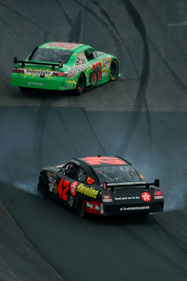 During the seventh and final caution, Kyle Busch (top, No. 18) and Juan Pablo Montoya (bottom, No. 42) were involved in an incident that cost Montoya two laps for rough driving in the Lenox Industrial Tools 300 NASCAR Sprint Cup Series race at New Hampshire Motor Speedway (Photo Credit: Chris McGrath / Getty Images for NASCAR)