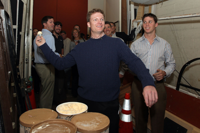 Dale Earnhardt Jr. practices throwing scoops of ice cream before attempting to break a Guiness World Record on Live With Regis And Kelly. (Photo Credit: Mike Stobe/Getty Images for NASCAR)