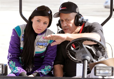Natalie Sather of Fargo, N.D. talks with Drive for Diversity program mentor Wendell Scott Jr. during the Drive for Diversity Combine presented by Sunoco at South Boston Speedway. (Photo Credit: Grant Halverson/Getty Images for NASCAR)