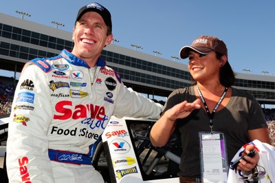 NASCAR Nationwide Series pole-sitter Carl Edwards meets television host Rachael Ray on pit road Saturday at Texas Motor Speedway before the O'Reilly Challenge. (Photo Credit: Rusty Jarrett/Getty Images for NASCAR)