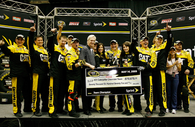 The No. 31 Richard Childress Racing Caterpillar team, including Jeff Burton's wife, Kim (right), who drove the car, celebrates winning the NASCAR Sprint Pit Crew Challenge Presented by Craftsman Thursday in Charlotte, N.C. at the Time Warner Cable Arena. (Photo Credit: Geoff Burke/Getty Images for NASCAR)