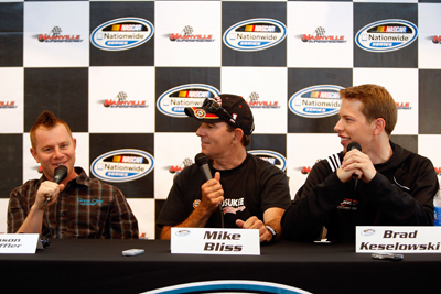 (Left to Right) Jason Leffler, Mike Bliss and Brad Keselowski talk Friday about the NASCAR Nationwide Series Federated Auto Parts 300 at the Nashville Superspeedway (Photo Credit: Chris Graythen/Getty Images for NASCAR)