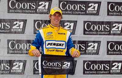 After having one of the top 10 fastest cars in Friday's practices at Kansas Speedway, first-time NASCAR Natiowide Series racer Parker Kligerman, driver of the No. 22 Penske Truck Rental Dodge, nabbed the pole on Saturday for the Kansas Lottery 300. (Photo Credit: Geoff Burke/Getty Images for NASCAR)