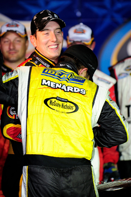 Matt Crafton, driver of the No. 88 Menards/McGuire-Nicolas Chevrolet, hugs race winner Kyle Busch, driver of the No. 51 Miccosukee Resort/Graceway Toyota,in Victory Lane after Busch beat the pole sitter to the checkered flag in Friday's NASCAR Camping World Truck Series WinStar World Casino 350 at Texas Motor Speedway in Fort Worth, Texas. (Photo Credit: Rusty Jarrett/Getty Images for NASCAR)