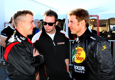 (Left to right) NASCAR Sprint Cup Series drivers AJ Allmendinger and Jamie McMurray talk during Daytona KartWeek By Cometic Gasket events at Daytona International Speedway. (Credit: Don Bok/Motorsports Images and Archives)