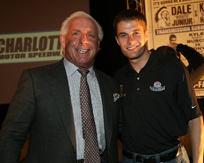 Pro wrestler Ric Flair is welcomed back to NASCAR by David Ragan Wednesday on the NASCAR Sprint Cup Media Tour Hosted by Charlotte Motor Speedway in Concord, N.C. (Credit: Harold Hinson Photography)