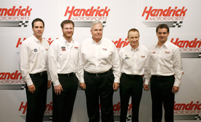 (Left to right) Jimmie Johnson, Dale Earnhardt Jr., RIck Hendrick, Mark Martin and Jeff Gordon pose for a team picture at Hendrick Motorsports Wednesday on the NASCAR Sprint Cup Media Tour Hosted by Charlotte Motor Speedway in Concord, N.C. (Credit: Jason Smith/Getty Images)
