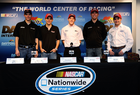 The 2010 Raybestos Rookie of the Year contenders Colin Braun, James Buescher, Parker Kllgerman, Brian Scott and Ricky Stenhouse Jr. pose in the media center before Thursday’s NASCAR Nationwide Series practice at Daytona International Speedway. (Credit: by Rusty Jarrett/Getty Images for NASCAR)