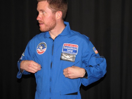 Brian Vickers gears up in his personalized flight suit at the U.S .Space and Rocket Center in Huntsville, Ala. Vickers was on hand to promote the Aaron’s Dream Weekend at Talladega Superspeedway, April 23-25. (Credit: Photo courtesy of Talladega Superspeedway)