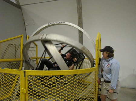 Brian Vickers goes for a spin in an Astronaut Trainer at the U.S. Space and Rocket Center in Huntsville, Ala.