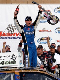 Kevin Harvick, driver of the No. 33 Armour Chevrolet celebrates in Victory Lane after winning Saturday’s NASCAR Nationwide Series Nashville 300 at Nashville Superspeedway. (Credit: John Sommers II/Getty Images for NASCAR)