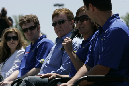 (Second from right) Kelley Earnhardt talks during a press conference Thursday at JR Motorsports in Mooresville, N.C. as (left to right) Teresa Earnhardt, Dale Earnhardt Jr., Richard Childress and Wrangler VP of Marketing Craig Errington look on.