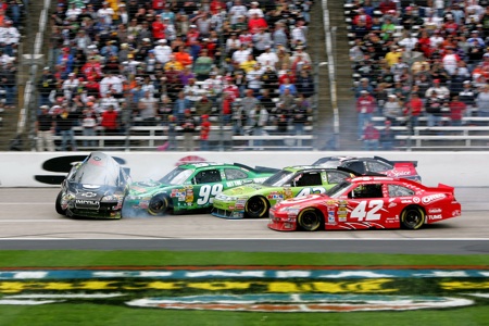 A multiple-car incident on lap 319 brought out the red flag after collecting Jeff Gordon, Tony Stewart, Carl Edwards, AJ Allmendinger and Juan Pablo Montoya. Also involved were Jamie McMurray, Joey Logano, Clint Bowyer and Paul Menard. No one was injured. (Credit: Jerry Markland/Getty Images for NASCAR)
