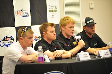 Drivers Justin Allgaier, Jason Leffler, Steve Wallace and Brian Scott answer questions in the media center on Friday at Kentucky Speedway. (Credit: Grant Halverson/Getty Images)