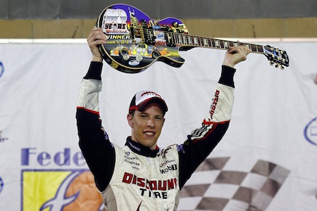 Brad Keselowski, driver of the No. 22 Discount Tire Dodge celebrates in victory lane after winning the NASCAR Nationwide Series Federated Auto Parts 300 at Nashville Superspeedway on Saturday in Lebanon, Tenn. (Credit: John Sommers II/Getty Images for NASCAR)