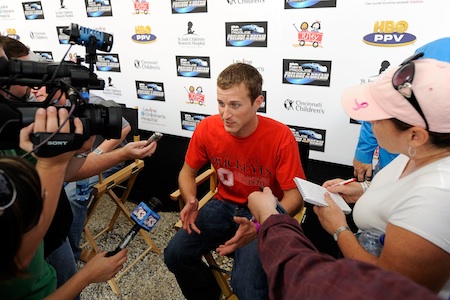 Kasey Kahne, Driver of the #9 Budweiser late model, talks with the media during the Gillette Fusion ProGlide Prelude to the Dream at Eldora Speedway on June 9, 2010 in Rossburg, Ohio. (Photo by John Harrelson/Getty Images for True Speed Communication)