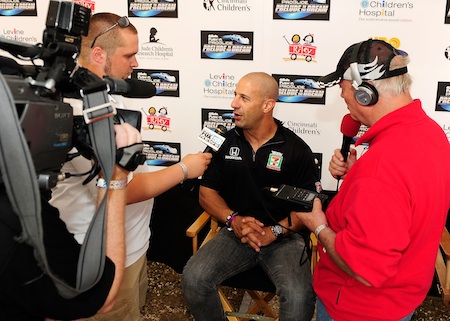 Tony Kanaan, driver of the #11 Seven Eleven late model speaks with the media during the Gillette Fusion ProGlide Prelude to the Dream at Eldora Speedway on June 9, 2010 in Rossburg, Ohio. (Photo by Rusty Jarrett/Getty Images for True Speed Communication)