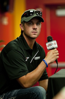 Des Moines, Iowa native Michael Annett, currently 14th in the NASCAR Nationwide Series point standings talks with his home state media Friday at Iowa Speedway in Newton, Iowa (Credit: Jennifer Coleman)