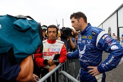 (Right to left) Elliott Sadler talks with ESPN's Mike Massaro after being evaluated and released from the Pocon Raceway infield care center following an incident that led to a 28 minute-46 second red flag following lap 166 on Sunday in Long Pond, Pa. (Credit: Chris Trotman/Getty Images for NASCAR)