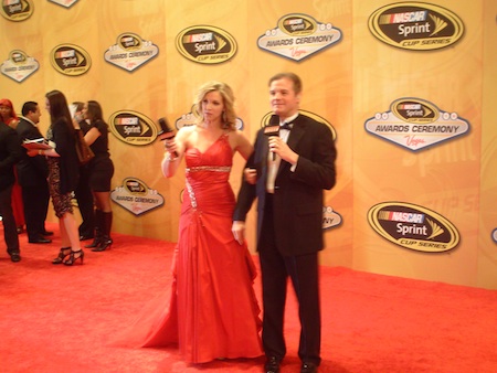 Krista Voda and Kenny Wallace practice their red carpet show for SPEED