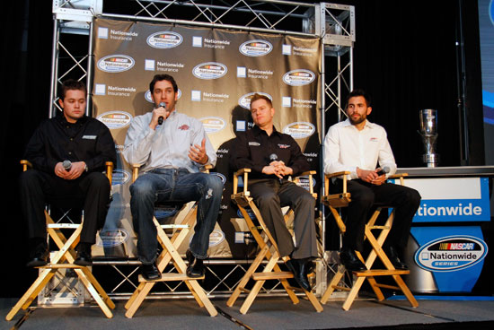 NASCAR Nationwide Series driver Elliott Sadler, (second from left) speaks with the media, as drivers (left to right) Ricky Stenhouse Jr., Jason Leffler, and Aric Almirola look on, during the NASCAR Sprint Media Tour hosted by Charlotte Motor Speedway, held at Hilton University on Tuesday in Charlotte, N.C.(Credit: Jason Smith/Getty Images for NASCAR)