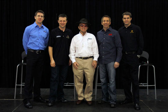 Team owner Jack Roush (center) poses with drivers (left to right) Carl Edwards, Matt Kenseth, Greg Biffle and David Ragan, during the NASCAR Sprint Media Tour hosted by Charlotte Motor Speedway, held at the Roush-Fenway hanger of Concord Regional Airport, on Thursday in Concord, N.C. (Credit: Jason Smith/Getty Images for NASCAR)