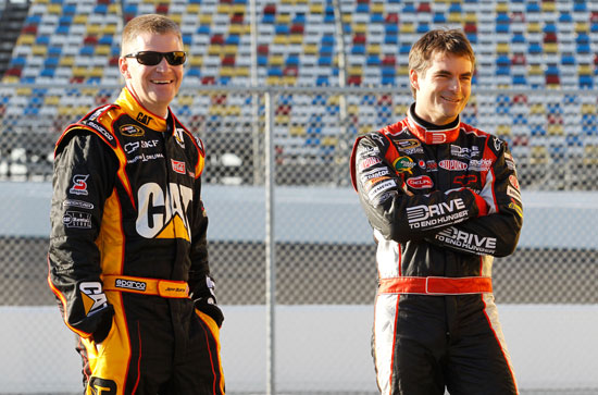 Jeff Burton and Jeff Gordon share a laugh together during Budweiser Shootout practice at Daytona International Speedway in Daytona Beach, Fla. (Credit: Todd Warshaw/Getty Images for NASCAR)