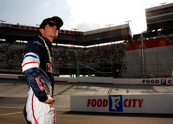 Kasey Kahne watches practice at Bristol Motor Speedway. Kahne was fourth fastest in practice with a top speed of 127.929mph. (Credit: Geoff Burke/Getty Images for NASCAR)