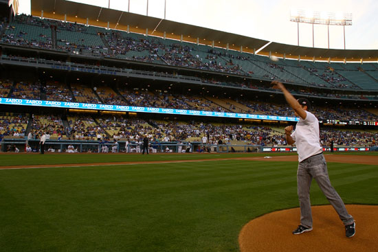 Marco Andretti throws out the first pitch for the Los Angeles Dodgers vs. St. Louis Cardinals game on Friday, April 15, 2011