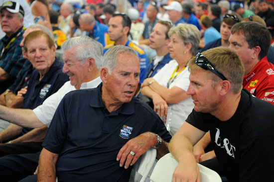 Clint Bowyer gets some last minute pointers from NASCAR Hall of Famer David Pearson in the Drivers Meeting before the NASCAR Sprint All Star Race at Charlotte Motor Speedway. (Credit: John Harrelson/Getty Images for NASCAR)