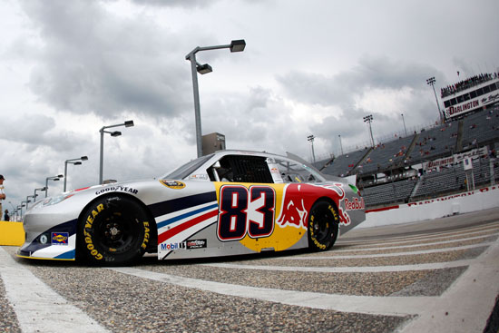 Brian Vickers, driver of the No. 83 Red Bull Toyota, pulls into the garage area during practice for the NASCAR Sprint Cup Series SHOWTIME Southern 500 at Darlington Raceway on May 6 in Darlington, S.C. (Credit: Chris Graythen, Getty Images for NASCAR)