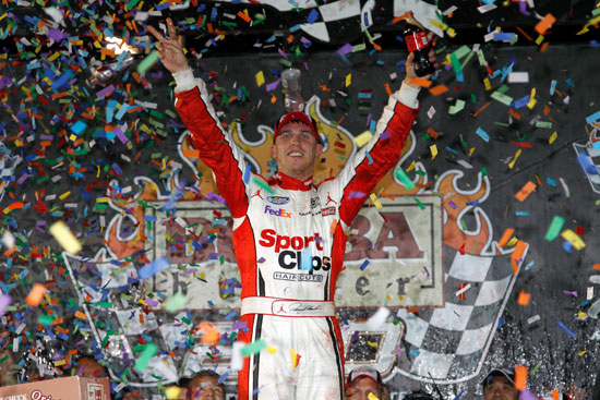 Denny Hamlin celebrates winning the BUBBA Burger 250 at Richmond International Raceway, his second NASCAR Nationwide Series victory at his home track. (Credit: Todd Warshaw/Getty Images for NASCAR)