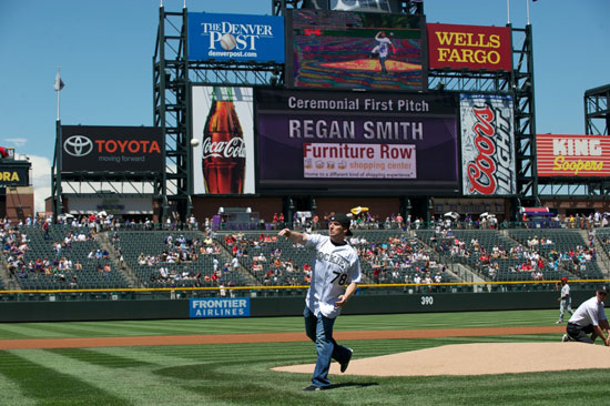 Regan Smith throws out the first pitch at the Colorado Rockies-Philadelphia Phillies baseball game 