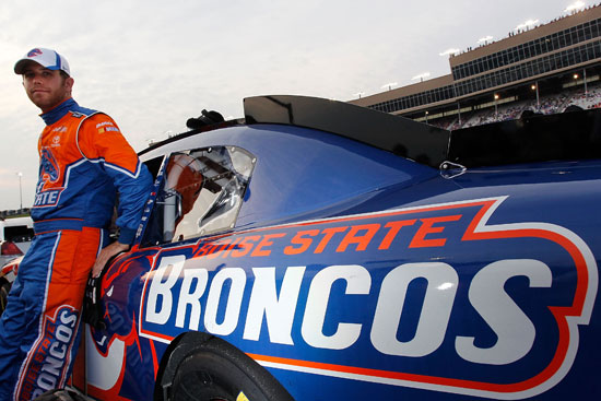 Brian Scott, driver of the No. 11 Boise State Broncos Toyota, looks on prior to the NASCAR Nationwide Series Great Clips 300 at Atlanta Motor Speedway on Sept. 3 in Hampton, Ga. (Credit: Geoff Burke/Getty Images for NASCAR)