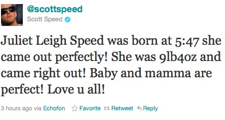 Scott Speed Baby Announcement Tweet