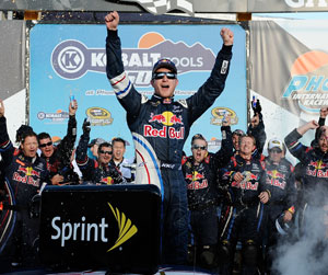 Kasey Kahne celebrates winning the 24th Annual Kobalt Tools 500, his 12th victory in 287 NASCAR Sprint Cup Series races. Last win was Sept. 6, 2009 at Atlanta Motor Speedway. This breaks an 81-race winless streak. (Credit: Jared C. Tilton/Getty Images for NASCAR)