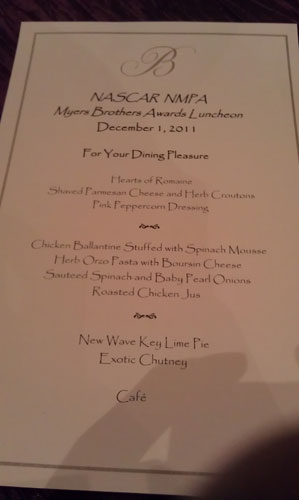 The menu for the NASCAR NMPA Myers Bros Awards Luncheon