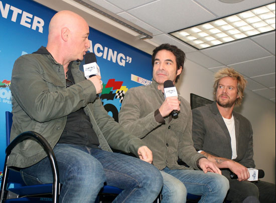 Before performing the national anthem for the Daytona 500, Pat Monahan talks with his Train band mates in the Daytona International Speedway media center. (Credit: ISC Images and Archives)