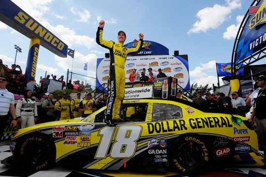 Joey Logano, driver of the #18 Dollar General Toyota, celebrates in Victory Lane after winning the NASCAR Nationwide Series 5-hour Energy 200 at Dover International Speedway on June 2, 2012 in Dover, Delaware. (Photo by Patrick McDermott/Getty Images for NASCAR)