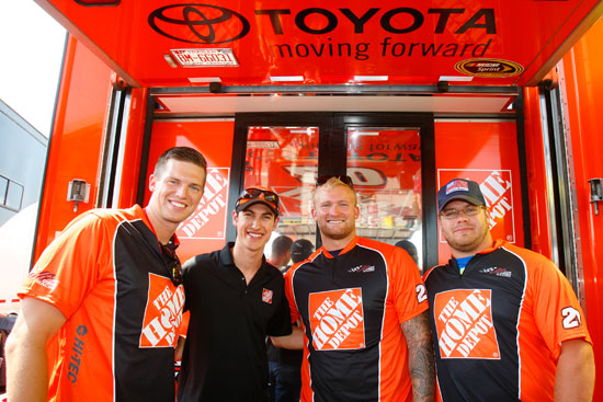 L-R New England Patriots Zoltan Mesko, punter, Nick McDonald, offensive lineman, and Ryan Wendell, center, meet with Joey Logano at New Hampshire Motor Speedway. (Credit: Toyota Racing)