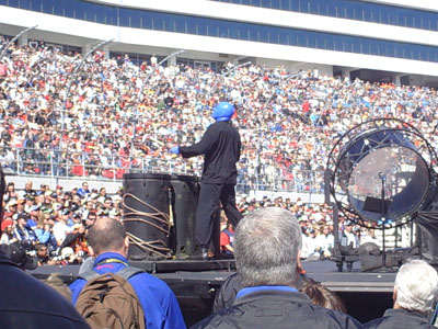 The Blue Man Group perform before the start of the UAW-Dodge 400 in Las Vegas (Photo Credit: The Fast and the Fabulous/Valli Hilaire)