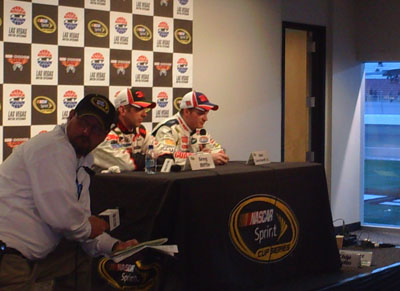 Greg Biffle and Dale Earnhardt Jr. answer questions from the media after the UAW-Dodge 400 in Las Vegas on Sunday, March 2, 2008 (photo credit: The Fast and the Fabulous/Valli Hilaire)
