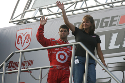 Reed and mother Becky Sorenson salute the crowd before the Dodge Challenger 500 at Darlington Raceway (Photo Credit: Jerry Markland/Getty Images for NASCAR)