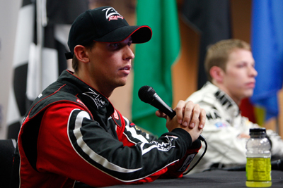 Denny Hamlin, driver of the #20 Z-Line Designs Toyota (L), and Brad Keselowski, driver of the #88 NAVY Chevrolet, speak to the media in a press conference following the NASCAR Nationwide Series CARQUEST Auto Parts 300 on May 24, 2008 at Lowe's Motor Speedway in Concord, North Carolina. (Photo by Chris Graythen/Getty Images)
